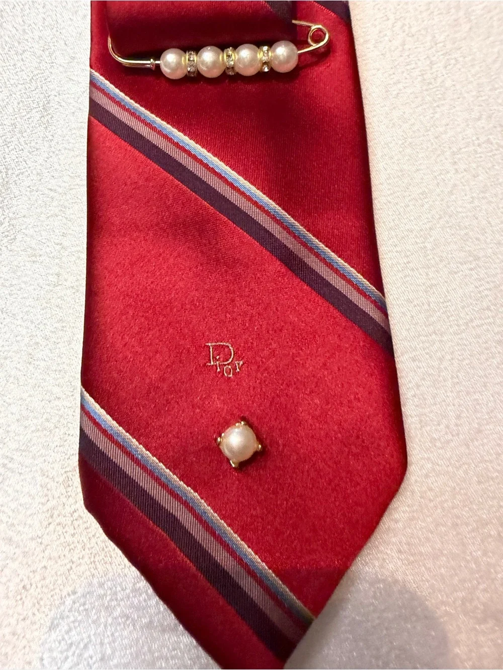 Dior Red Striped Silk Scarf Tie with Pearl Accents